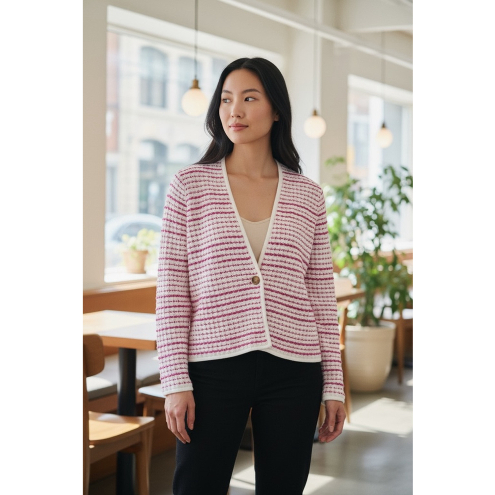 Women's Ann Taylor White Pink Striped Cardigan Sweater M